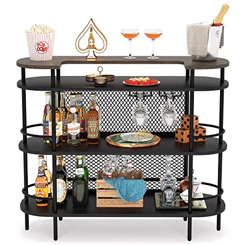 Tribesigns Bar Unit for Liquor, 4 Tier Bar Table with Storage Shelves and Foot Rail, Corner Mini Bar Cabinet with Wine Glasses Holder for Home/Kitchen/Bar/Pub, Black and Walnut