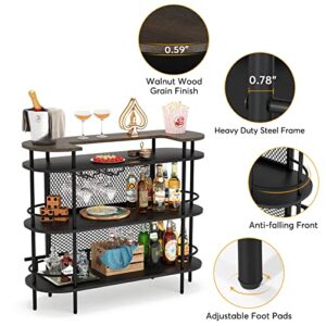 Tribesigns Bar Unit for Liquor, 4 Tier Bar Table with Storage Shelves and Foot Rail, Corner Mini Bar Cabinet with Wine Glasses Holder for Home/Kitchen/Bar/Pub, Black and Walnut