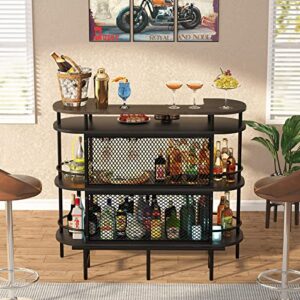 Tribesigns Bar Unit for Liquor, 4 Tier Bar Table with Storage Shelves and Foot Rail, Corner Mini Bar Cabinet with Wine Glasses Holder for Home/Kitchen/Bar/Pub, Black and Walnut