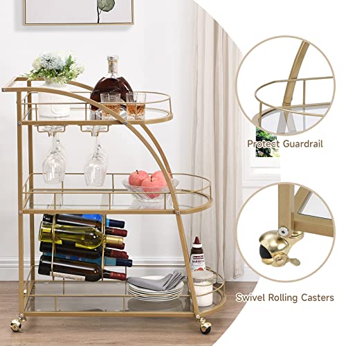 Angel Sar Gold Bar Cart on Wheels, 3 Tier Home Bar Serving Cart with 3 Glass Shelves, Wine Racks, Glass Holders, for Kitchen, Dining Room