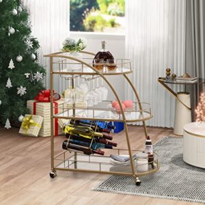 Angel Sar Gold Bar Cart on Wheels, 3 Tier Home Bar Serving Cart with 3 Glass Shelves, Wine Racks, Glass Holders, for Kitchen, Dining Room