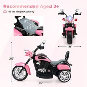 HONEY JOY Pink Kids Motorcycle,6V Battery Powered Toddler Chopper Motorbike Ride On Toy w/Horn & Headlight, Foot Pedal, Music, 3-Wheel Mini Electric Motorcycle for Kids, Gift for Boys Girls(Pink)