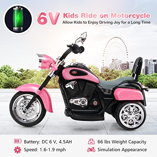 HONEY JOY Pink Kids Motorcycle,6V Battery Powered Toddler Chopper Motorbike Ride On Toy w/Horn & Headlight, Foot Pedal, Music, 3-Wheel Mini Electric Motorcycle for Kids, Gift for Boys Girls(Pink)