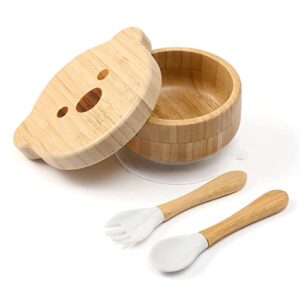 baby bowls with lid - hbm bamboo suction bowls for baby and spoon set - 3pc feeding supplies set for infant, toddlers - detachable silicone suction stay put base for wooden bowl - bpa free （marble）