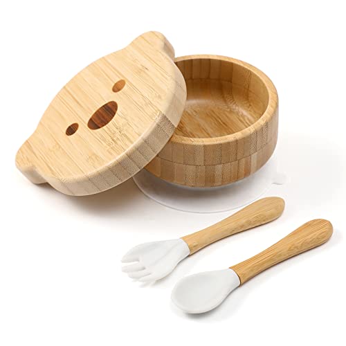 Baby Bowls with Lid - HBM Bamboo Suction Bowls for Baby and Spoon Set - 3PC Feeding Supplies Set for Infant, Toddlers - Detachable Silicone Suction Stay Put Base for Wooden Bowl - BPA Free （Marble）