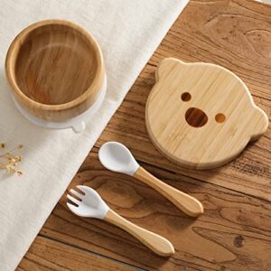 Baby Bowls with Lid - HBM Bamboo Suction Bowls for Baby and Spoon Set - 3PC Feeding Supplies Set for Infant, Toddlers - Detachable Silicone Suction Stay Put Base for Wooden Bowl - BPA Free （Marble）