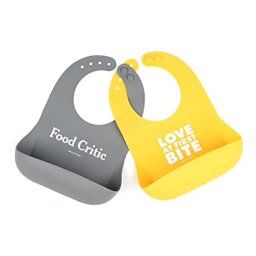 BELLA TUNNO Wonder Bib 2pk - Adjustable Silicone Baby Bibs for Girls & Boys, Durable and Waterproof BPA Free Silicone, Love at First Bite & Food Critic