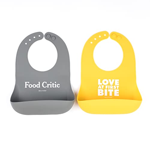 BELLA TUNNO Wonder Bib 2pk - Adjustable Silicone Baby Bibs for Girls & Boys, Durable and Waterproof BPA Free Silicone, Love at First Bite & Food Critic