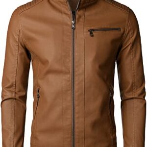 HOOD CREW Men’s Classic Zip Up Bomber Faux Leather Jackets Brown L