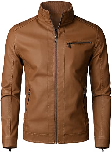 HOOD CREW Men’s Classic Zip Up Bomber Faux Leather Jackets Brown L