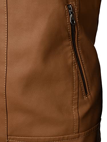 HOOD CREW Men’s Classic Zip Up Bomber Faux Leather Jackets Brown L