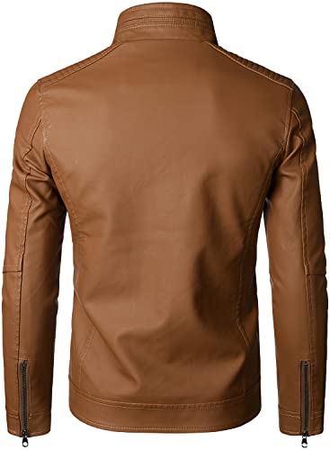 HOOD CREW Men’s Classic Zip Up Bomber Faux Leather Jackets Brown L