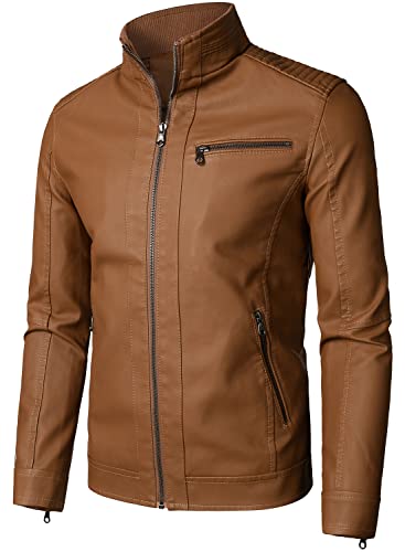 HOOD CREW Men’s Classic Zip Up Bomber Faux Leather Jackets Brown L