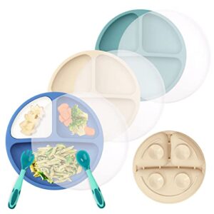 wee me suction plates for babies & toddlers - silicone plates with lids and spoon fork for baby, dishwasher and microwave oven safe, 3 pack (beige, sage & dark blue)