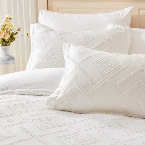 EMME Twin Duvet Cover Set, Tufted Twin Comforter Cover Set, Boho Embroidery Bedding Sets for All Seasons, 2 Pieces Embroidery Chic Duvet Cover Full, 1 Duvet Cover + 1 Pillowcase (White, Twin)