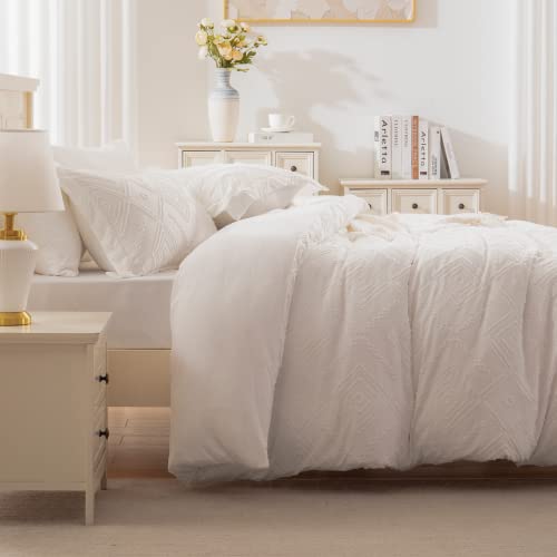 EMME Twin Duvet Cover Set, Tufted Twin Comforter Cover Set, Boho Embroidery Bedding Sets for All Seasons, 2 Pieces Embroidery Chic Duvet Cover Full, 1 Duvet Cover + 1 Pillowcase (White, Twin)