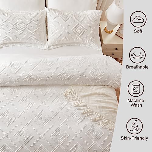 EMME Twin Duvet Cover Set, Tufted Twin Comforter Cover Set, Boho Embroidery Bedding Sets for All Seasons, 2 Pieces Embroidery Chic Duvet Cover Full, 1 Duvet Cover + 1 Pillowcase (White, Twin)