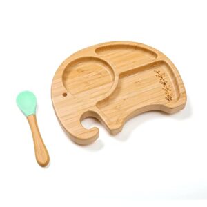 mamimami home bamboo baby plate - silicone suction - toddler food plate with fork and spoon - baby led weaning plate feeding utensils set, bpa free （green elephant）