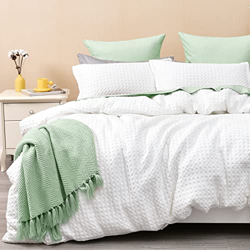 PHF 100% Cotton Waffle Duvet Cover Queen, Ultra Soft Cozy Duvet Cover Set for All Season, Comfy Skin-Friendly Luxury Decorative Textured Comforter Cover with Pillow Shams, 90"x90", White