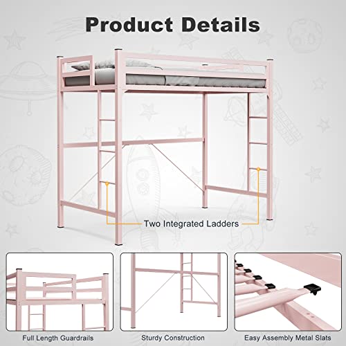 IKIFLY Metal Twin Size Loft Bed Frame - Heavy Duty Princess Cute Loft Beds with 2 Ladders & Safety Guard Rail, Space-Saving, Noise Free, No Box Spring Needed - Pink