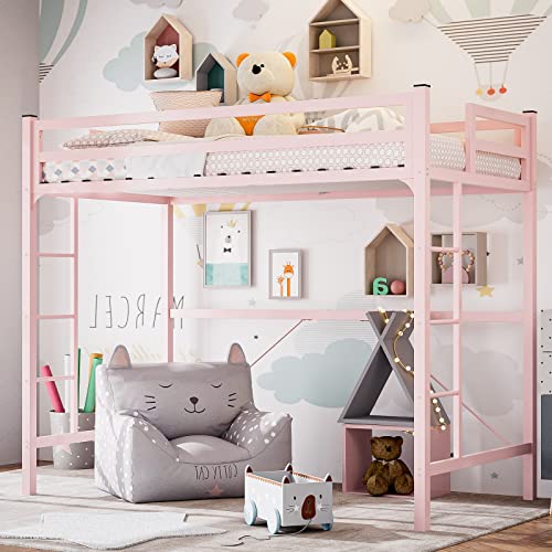 IKIFLY Metal Twin Size Loft Bed Frame - Heavy Duty Princess Cute Loft Beds with 2 Ladders & Safety Guard Rail, Space-Saving, Noise Free, No Box Spring Needed - Pink