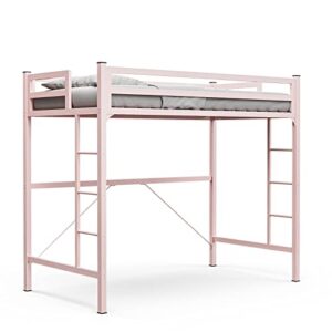 IKIFLY Metal Twin Size Loft Bed Frame - Heavy Duty Princess Cute Loft Beds with 2 Ladders & Safety Guard Rail, Space-Saving, Noise Free, No Box Spring Needed - Pink