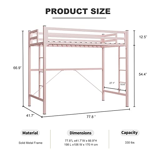 IKIFLY Metal Twin Size Loft Bed Frame - Heavy Duty Princess Cute Loft Beds with 2 Ladders & Safety Guard Rail, Space-Saving, Noise Free, No Box Spring Needed - Pink