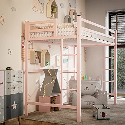 IKIFLY Metal Twin Size Loft Bed Frame - Heavy Duty Princess Cute Loft Beds with 2 Ladders & Safety Guard Rail, Space-Saving, Noise Free, No Box Spring Needed - Pink