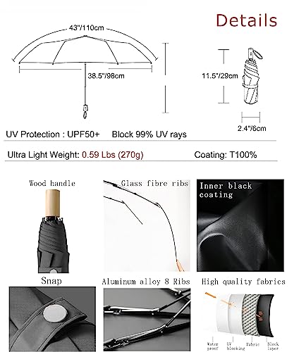 choedii Sun Umbrella UV protection Compact Portable Ultra light Weight Parasol Travel Rain Umbrella For Walking Women Waterproof Folding Umbrella 8 Ribs 0.59 Lbs (Black Manual)