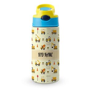 mrokouay custom cartoon excavator car kids water bottle with straw lid personalized add your text stainless steel sports water bottles customized reusable leak-proof toddlers cup for school, travel