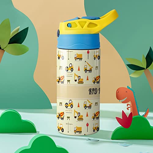 Mrokouay Custom Cartoon Excavator Car Kids Water Bottle with Straw Lid Personalized Add Your Text Stainless Steel Sports Water Bottles Customized Reusable Leak-Proof Toddlers Cup for School, Travel