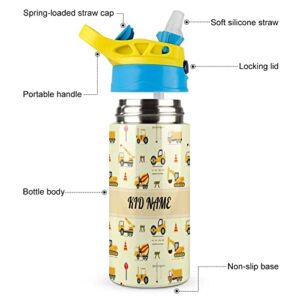 Mrokouay Custom Cartoon Excavator Car Kids Water Bottle with Straw Lid Personalized Add Your Text Stainless Steel Sports Water Bottles Customized Reusable Leak-Proof Toddlers Cup for School, Travel