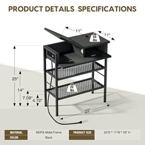 WASAGUN Narrow End Table with Charging Station, Black Nightstand with USB Ports and Outlets, Side Table Living Room Bedroom with Drawer, Skinny Bedside Table Storage Shelves for Small Spaces