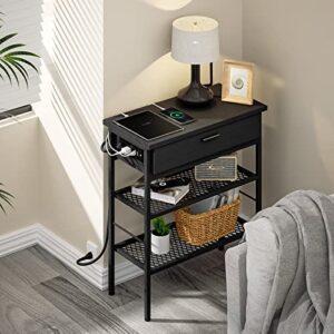 wasagun narrow end table with charging station, black nightstand with usb ports and outlets, side table living room bedroom with drawer, skinny bedside table storage shelves for small spaces