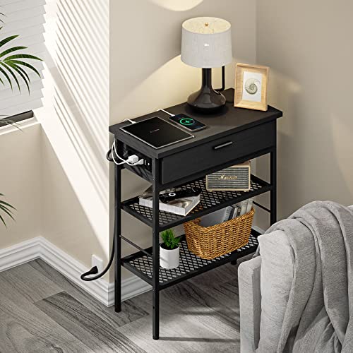 WASAGUN Narrow End Table with Charging Station, Black Nightstand with USB Ports and Outlets, Side Table Living Room Bedroom with Drawer, Skinny Bedside Table Storage Shelves for Small Spaces