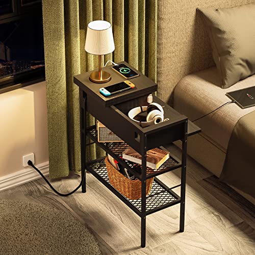 WASAGUN Narrow End Table with Charging Station, Black Nightstand with USB Ports and Outlets, Side Table Living Room Bedroom with Drawer, Skinny Bedside Table Storage Shelves for Small Spaces