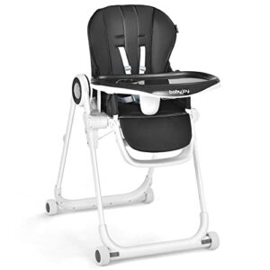 baby joy high chair for babies & toddlers, foldable highchair with adjustable backrest/footrest/seat height, double removable trays, detachable seat cushion, 4 lockable wheels (black)