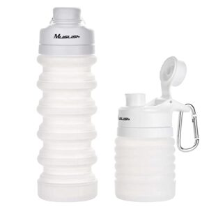 muslish collapsible water bottle 18oz(550ml), bpa free silicone foldable water bottles for travel gym camping hiking, reuseable portable leak proof sports water bottle with carabiner(clear)