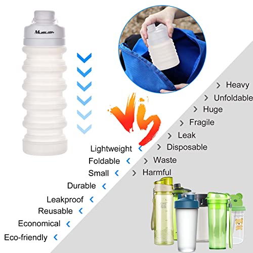 Muslish Collapsible Water Bottle 18oz(550ml), BPA Free Silicone Foldable Water Bottles for Travel Gym Camping Hiking, Reuseable Portable Leak Proof Sports Water Bottle with Carabiner(Clear)