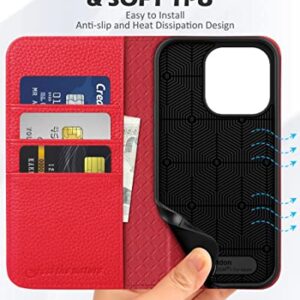 SHIELDON Wallet Case for iPhone 14 Pro 2022, Genuine Leather Folio Case Magnetic Closure RFID Blocking Card Slots Kickstand Full Protection Case Compatible with iPhone 14 Pro 6.1" - Litchi Grain Red