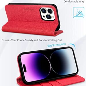 SHIELDON Wallet Case for iPhone 14 Pro 2022, Genuine Leather Folio Case Magnetic Closure RFID Blocking Card Slots Kickstand Full Protection Case Compatible with iPhone 14 Pro 6.1" - Litchi Grain Red