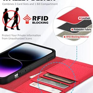 SHIELDON Wallet Case for iPhone 14 Pro 2022, Genuine Leather Folio Case Magnetic Closure RFID Blocking Card Slots Kickstand Full Protection Case Compatible with iPhone 14 Pro 6.1" - Litchi Grain Red