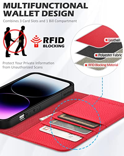 SHIELDON Wallet Case for iPhone 14 Pro 2022, Genuine Leather Folio Case Magnetic Closure RFID Blocking Card Slots Kickstand Full Protection Case Compatible with iPhone 14 Pro 6.1" - Litchi Grain Red