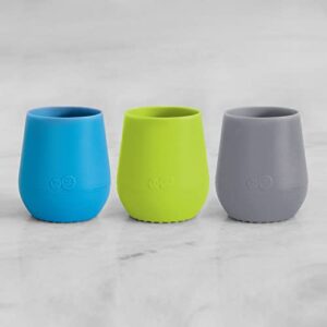 ez pz tiny cup 3-pack (blue, lime & gray) - 100% silicone training cup for infants - designed by a pediatric feeding specialist - 4 months+ - baby-led weaning gear & baby gift