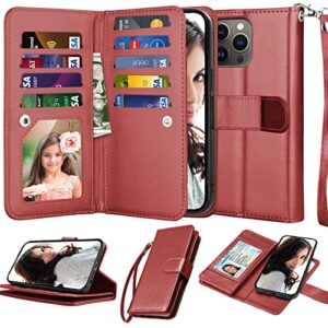 njjex wallet case for iphone 14 pro 6.1" 2022, for iphone 14 pro case, [9 card slots] pu leather id credit holder folio flip [detachable] kickstand magnetic phone cover & lanyard [wine red]