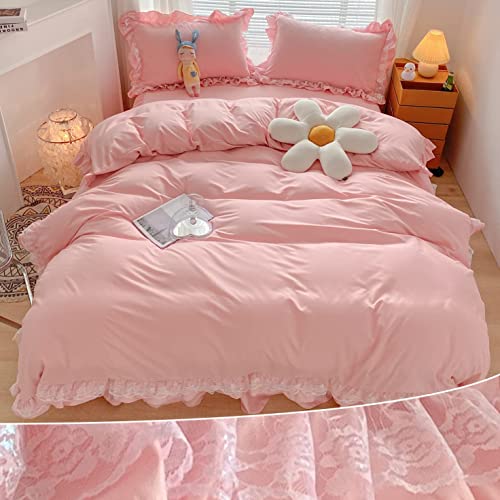 MOOWOO Chic Ruffle Lace Polyester Duvet Cover Set -Girl Pink Bedding-3 Piece Full Duvet Cover with Zipper Closure -Ultra Soft and Light Weight (Pink, Full)