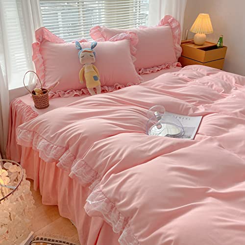 MOOWOO Chic Ruffle Lace Polyester Duvet Cover Set -Girl Pink Bedding-3 Piece Full Duvet Cover with Zipper Closure -Ultra Soft and Light Weight (Pink, Full)