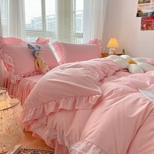 MOOWOO Chic Ruffle Lace Polyester Duvet Cover Set -Girl Pink Bedding-3 Piece Full Duvet Cover with Zipper Closure -Ultra Soft and Light Weight (Pink, Full)