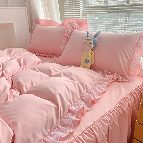 MOOWOO Chic Ruffle Lace Polyester Duvet Cover Set -Girl Pink Bedding-3 Piece Full Duvet Cover with Zipper Closure -Ultra Soft and Light Weight (Pink, Full)