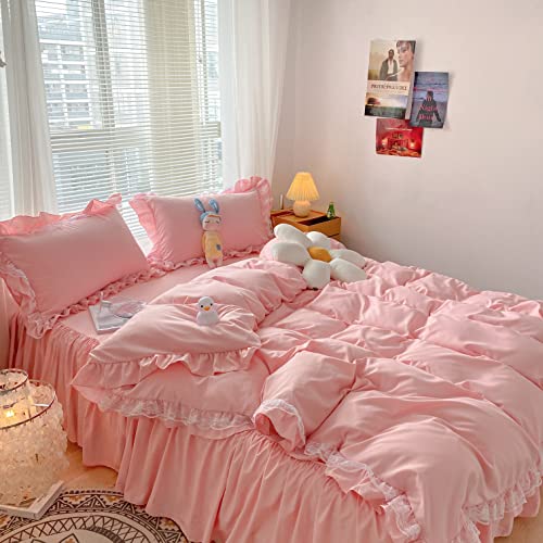 MOOWOO Chic Ruffle Lace Polyester Duvet Cover Set -Girl Pink Bedding-3 Piece Full Duvet Cover with Zipper Closure -Ultra Soft and Light Weight (Pink, Full)